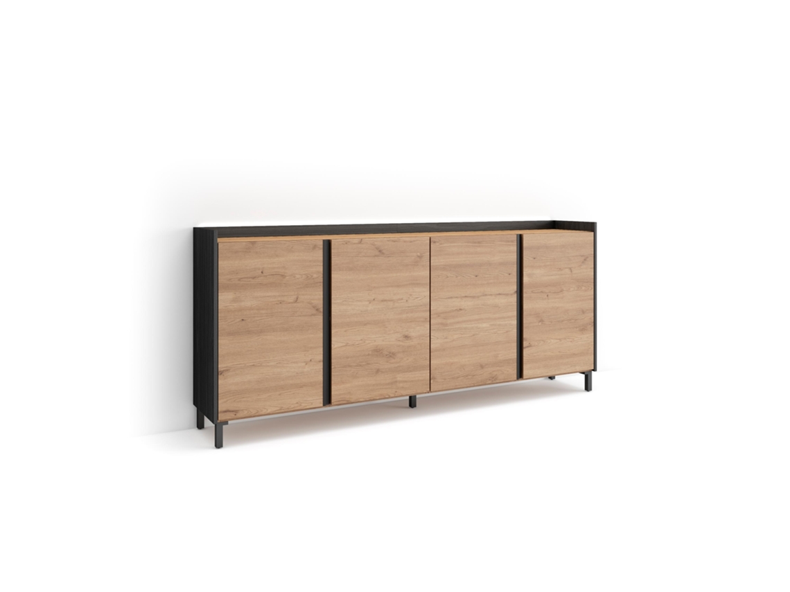 Aparador de comedor, 207x35x91cm, 4 puertas, diseño industrial, iluminación LED, roble y negro.