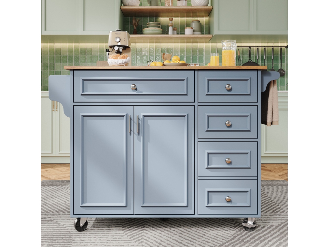 Isla de cocina moderna de 110×45 x 75×92 cm, carrito de servicio extraíble, aparador vintage, mesa multifuncional con almacenaje, estilo azul.
