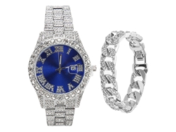 Reloj De Cuarzo Plateado Con Esfera Azul, Brazalete De Acero Inoxidable Y Calendario.