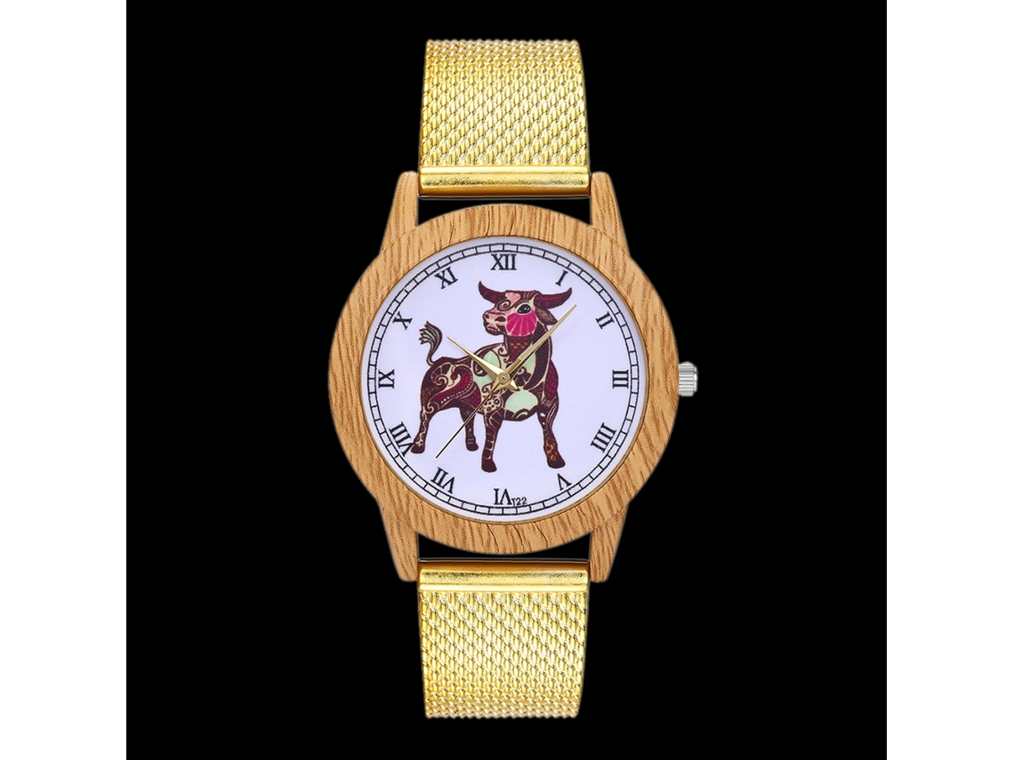 Reloj De Pulsera Unisex De Cuarzo, Estampado Animal, Escala Romana, Color Dorado.