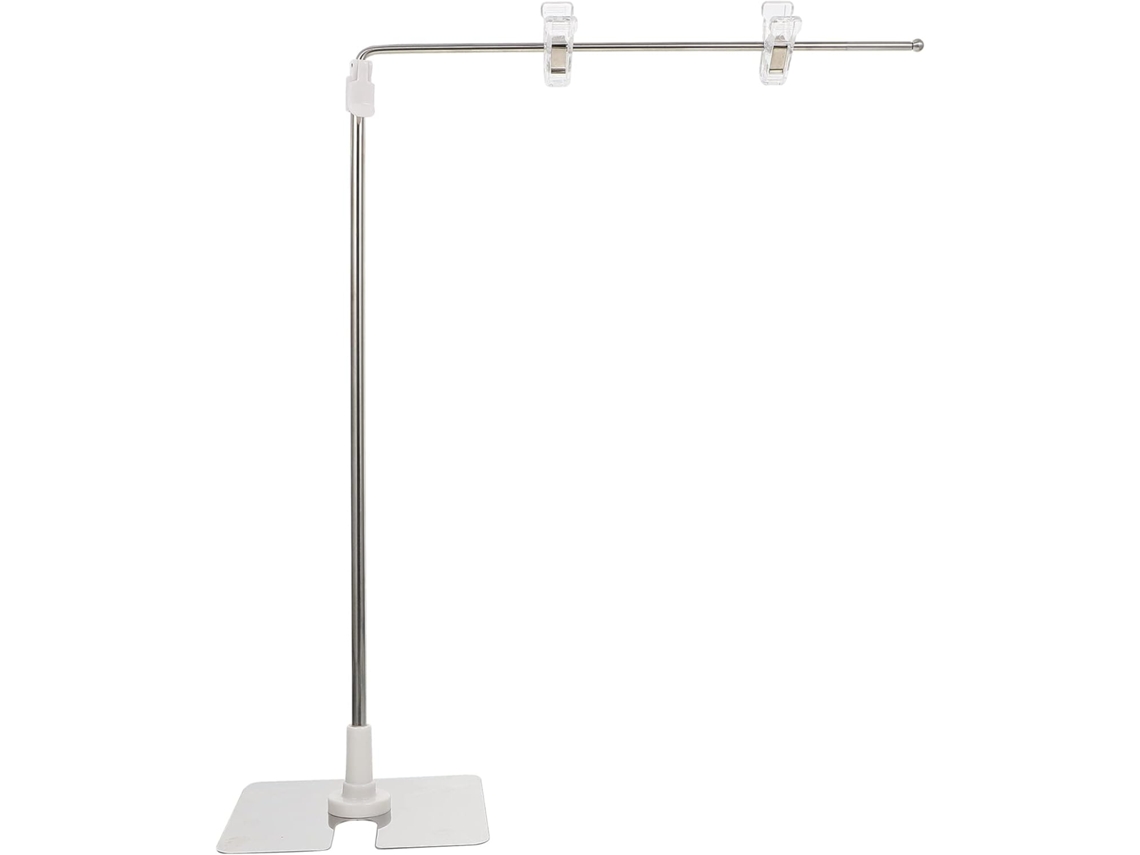 Soporte de mesa ajustable de acero para exhibición de anuncios.