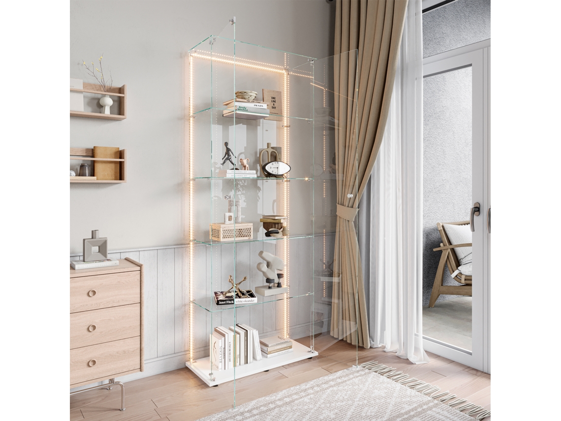 Vitrina de cristal con 5 estantes y compartimento de almacenamiento seguro e iluminación 80x35x185 cm Blanco Rosahqnda