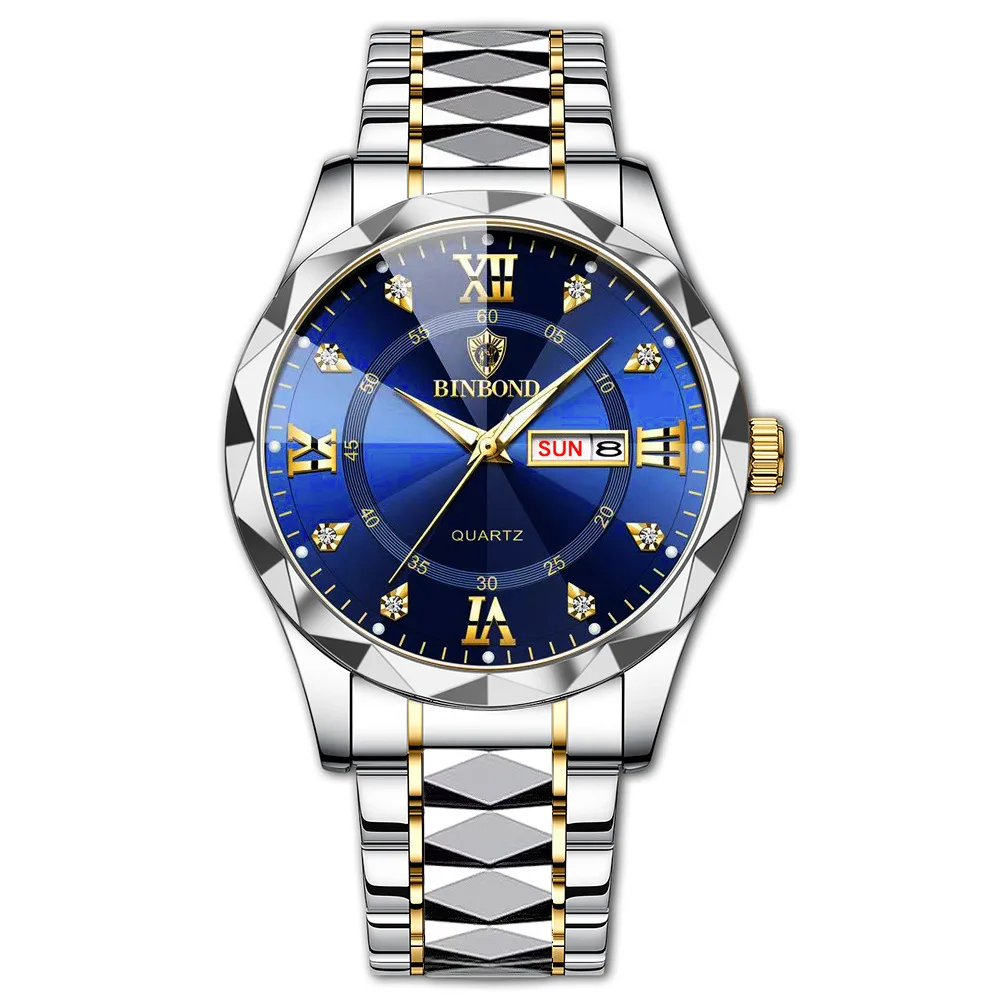 Reloj deportivo impermeable para hombre MDUG con indicador de día y fecha (dorado, esfera azul)