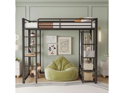 Cama alta de 90 x 200 cm con escalera, mesa y estantes, almacenamiento sencillo, estilo negro