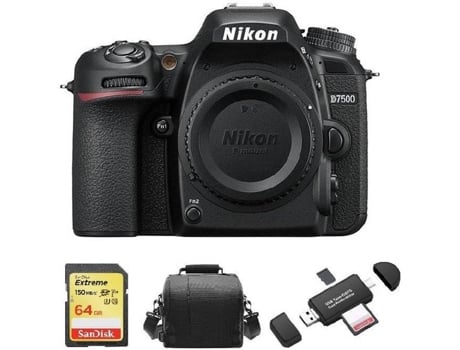 Kit Cámara Réflex NIKON D7500 Corpo + Tarjeta SD de 64GB + Funda para cámara + Lector de Tarjeta de memória