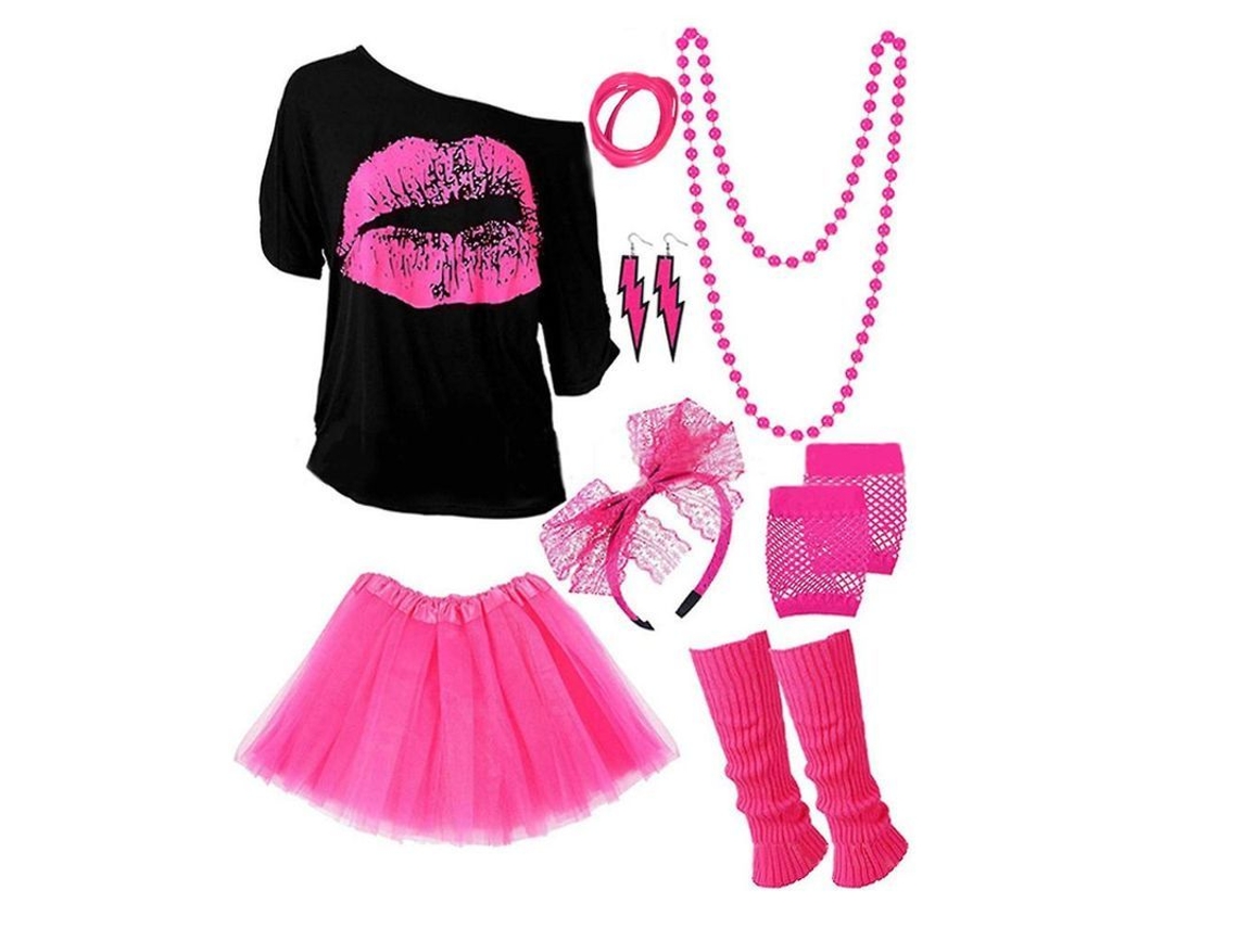 2026-traje De Mulher Anos 80-90 Com Camiseta, Meias De Pernas, Vestido, Brincos E Pulseiras Neon Xl Rosa Vermelha
