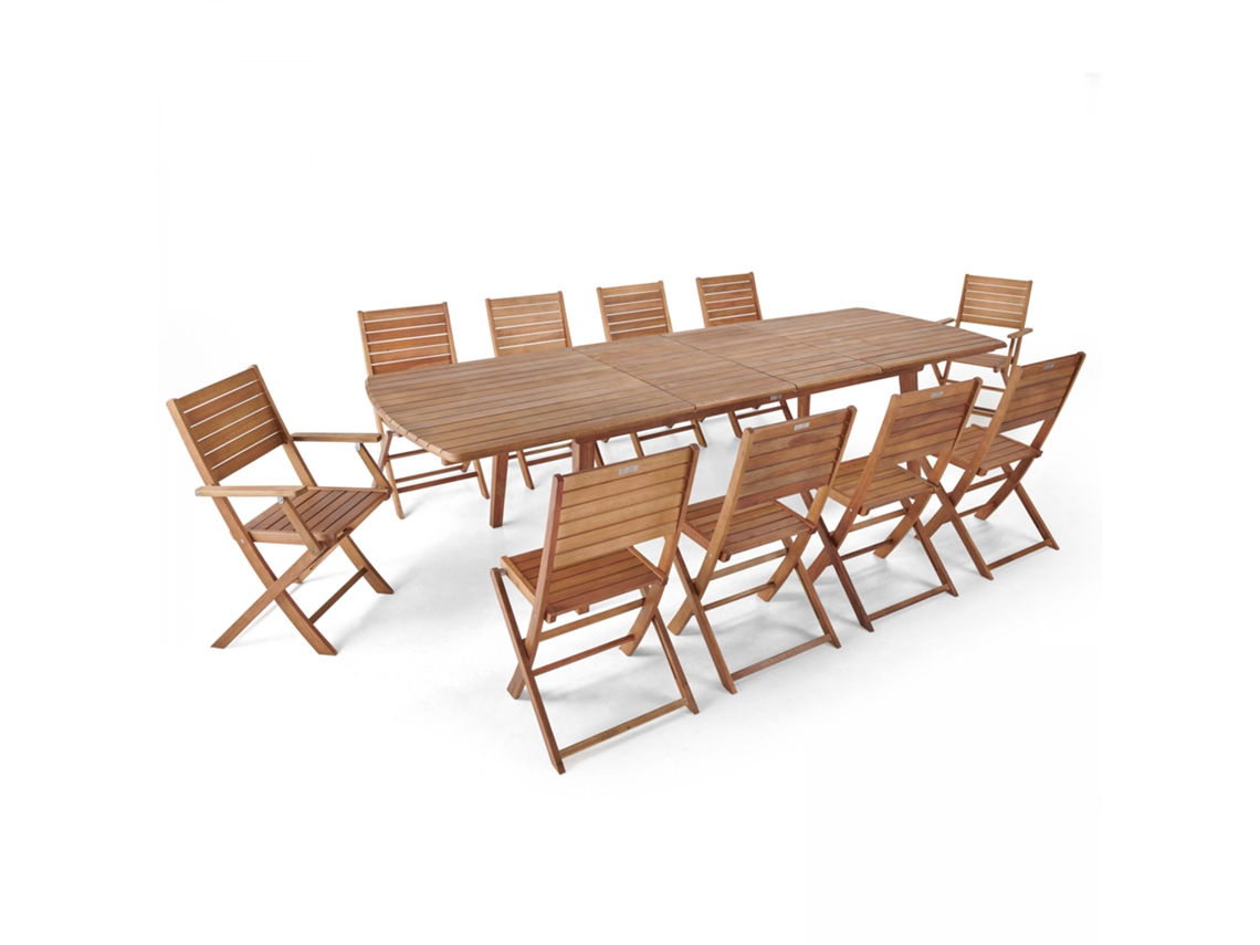 Mesa de jardín rectangular extensible con 8 sillas y 2 sillones en madera de eucalipto FSC®