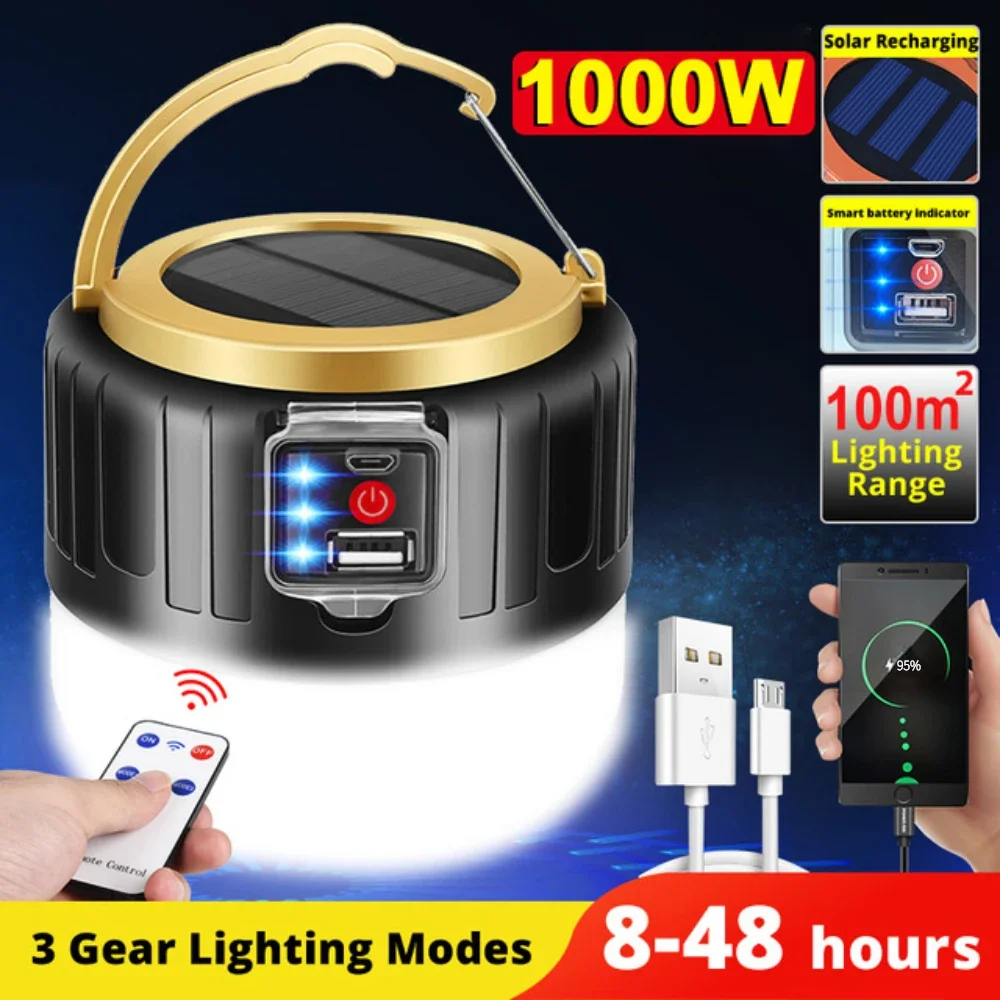Luz solar LED para acampar, linterna portátil, impermeable y recargable para tiendas de campaña y emergencias al aire libre. Aeuzwr