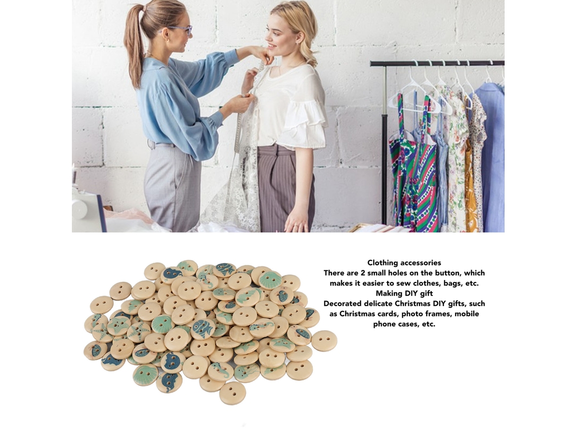 100 Botões de Madeira Mistas com Impressão Redondos 2 Buracos Decorativos para Costura e Artesanato Diy