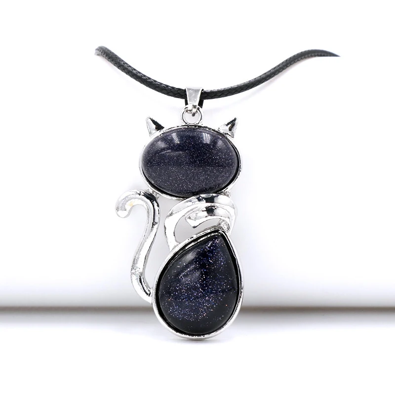 Lindo collar con forma de gato con colgante de obsidiana y amatista MDUG (color lino)