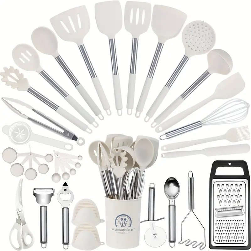 Juego de utensilios de cocina de silicona antiadherente de 35 piezas con soporte Digitallab (caqui)