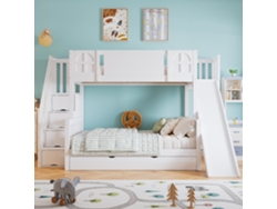 Litera infantil de 90 x 200 cm con ventana y cajones con ruedas, color blanco
