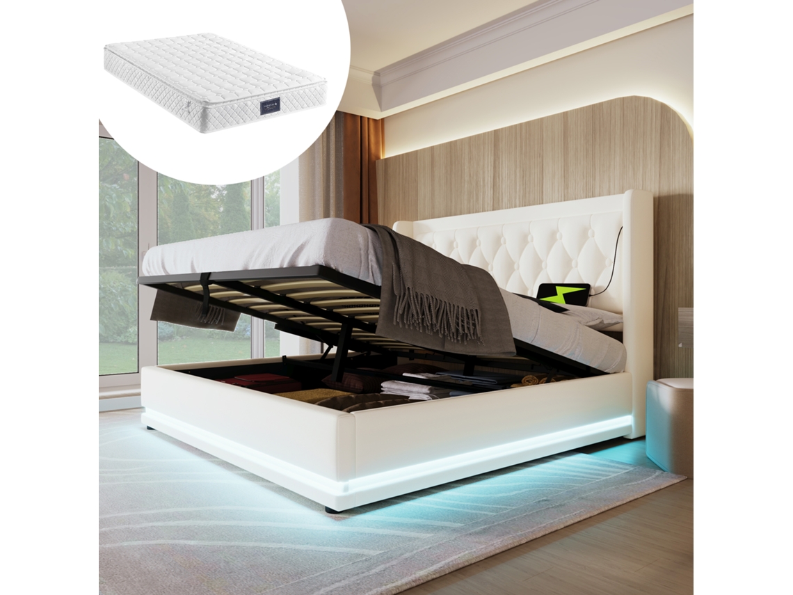 Cama Blanca De Pu De 140x200 Cm Con Led En 3 Lados Y Conexión Usb-c Hidráulica.