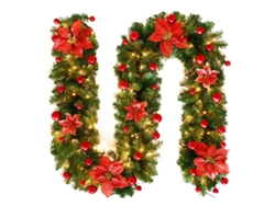 Corona navideña roja con decoraciones LED, 2,7 m