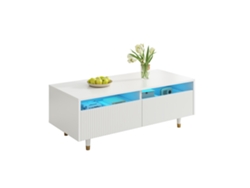 Mesa De Centro Led Moderna - Tablero Ondulado, 2 Cajones, Luces Led Cambiantes - Dorado-blanco