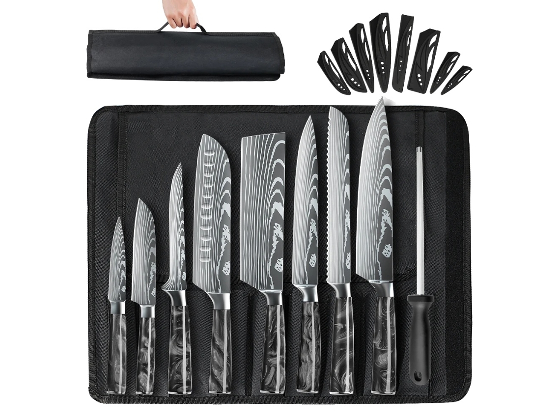 Juego de cuchillos de cocina de 10 piezas, acero inoxidable, mango ergonómico, ecológico, negro OEM