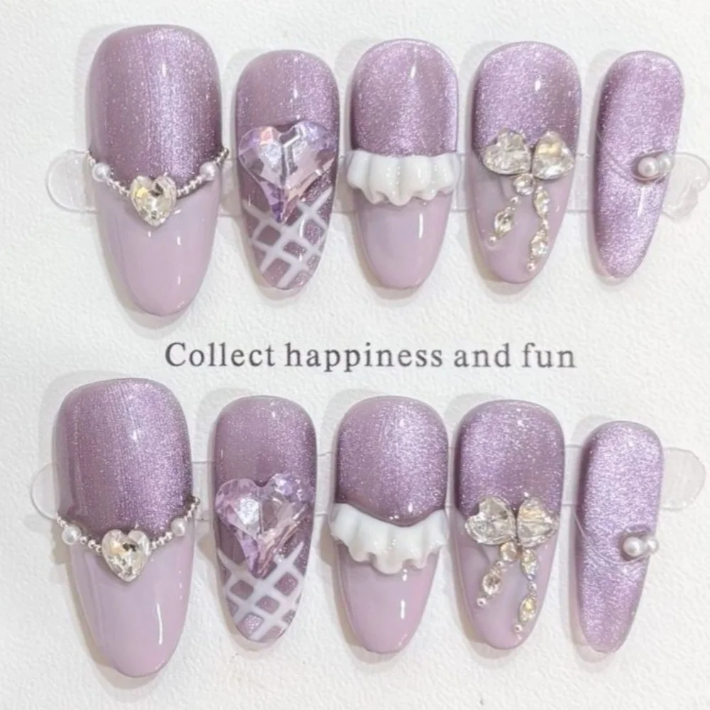(554-s) 10 Uñas Postizas Ovaladas Estilo Ojo De Gato Hechas A Mano