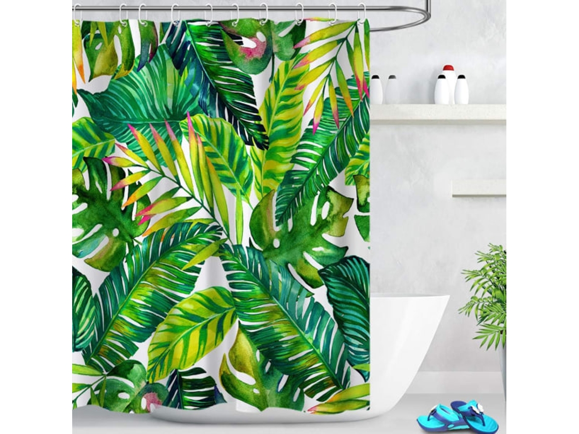 Cortina de ducha con hojas verdes tropicales, diseño de hojas de plátano y palmera, 180 cm x 200 cm, Jortmrd