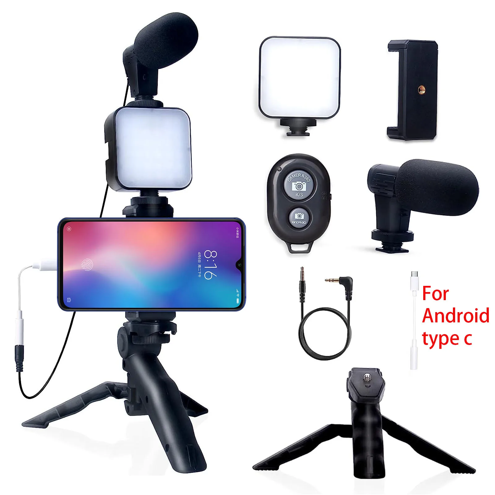 Kit para vlogs para teléfono móvil con trípode, micrófono y control remoto, para transmisiones en vivo y videos cortos.