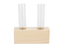 Jarrón sencillo de cristal con borde de madera para plantas hidropónicas.
