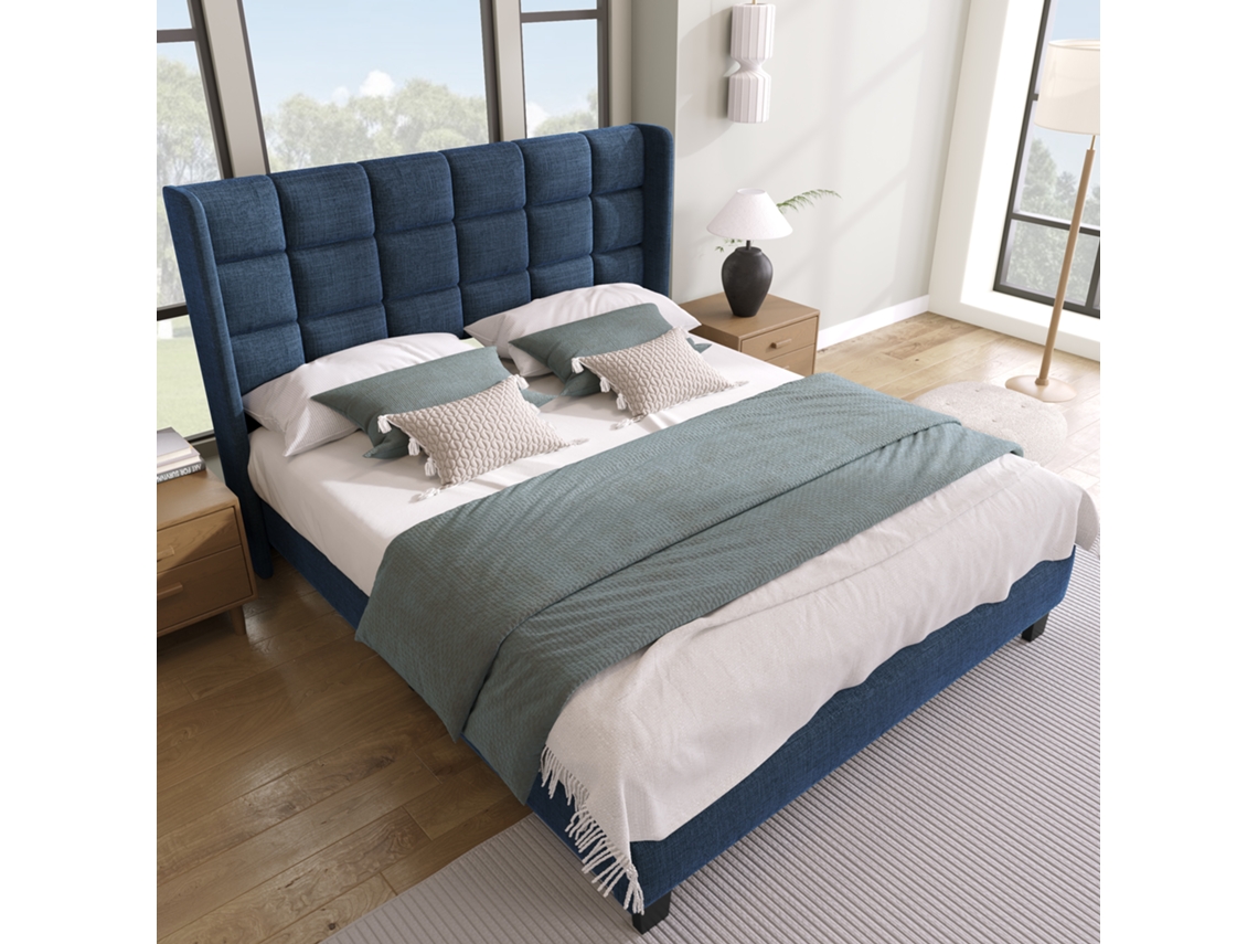 Cama Doble De Lino Azul, 140x200 Cm, Cabecero Acolchado, Somier De Láminas.