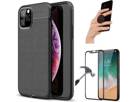 Carcasa + Protector + Popsocket iPhone 11 Pro Max Rugged Leather Negro