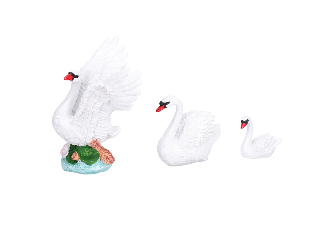 3 adornos de cisne de resina para jardín en miniatura.