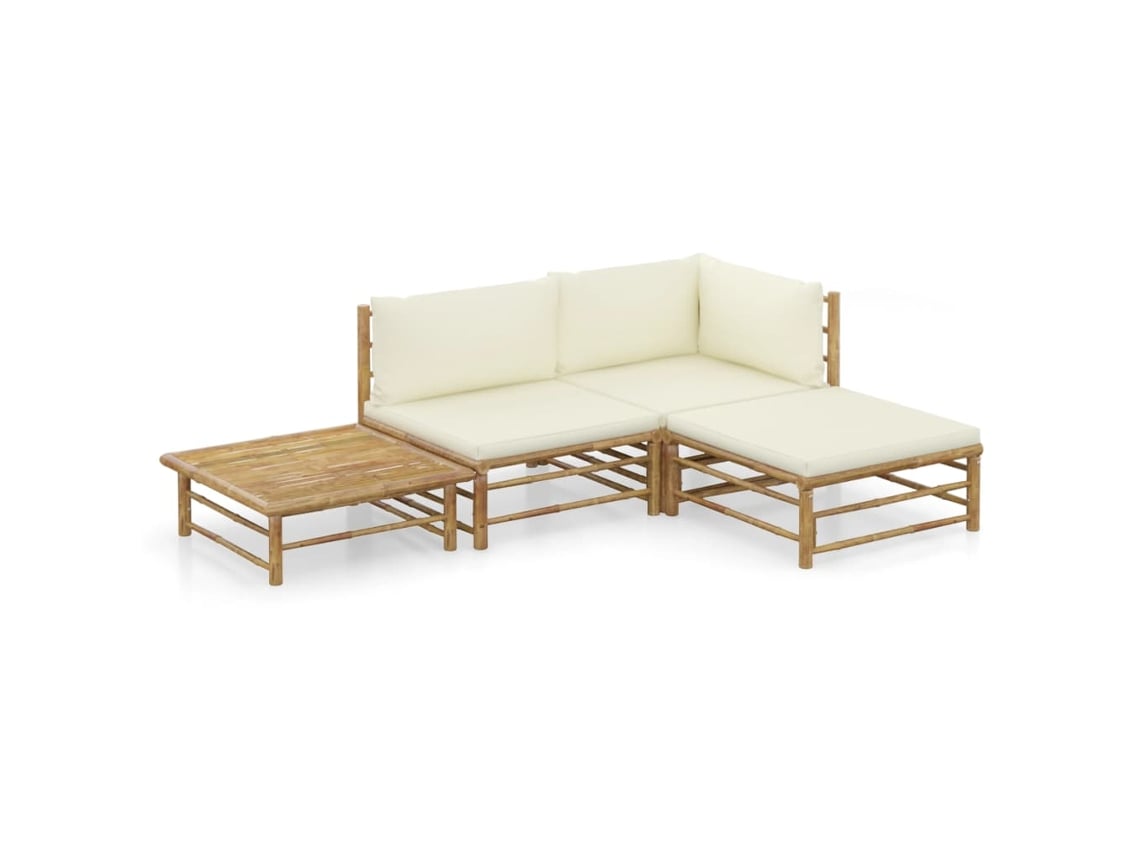 Conjunto de jardín de bambú de 4 piezas con cojines en blanco crema de DKD Home Decor