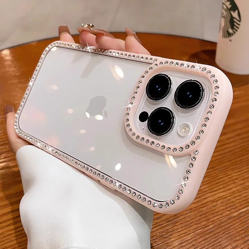 (iphone 14, Rosa) Funda Transparente Con Brillantes Diamantes De Imitación, Protección A Prueba De Golpes, Marco De Acrílico Rígido.