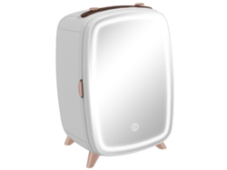 Minirefrigerador estético con puerta de espejo y luces LED ajustables, capacidad de 6 litros, 24,3 x 19,4 x 35,6 cm, blanco.