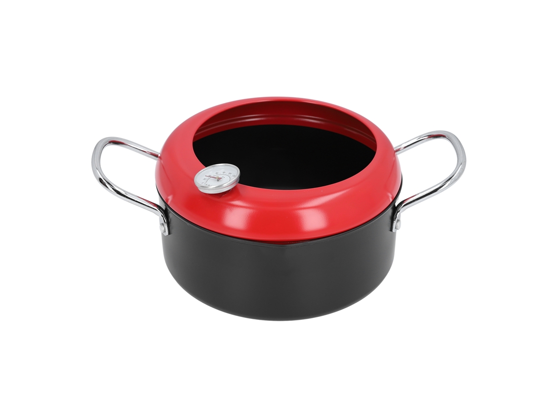 Sartén Japonesa Para Tempura Con Asas Dobles Y Termómetro De Aceite, Hierro Fundido Rojo.