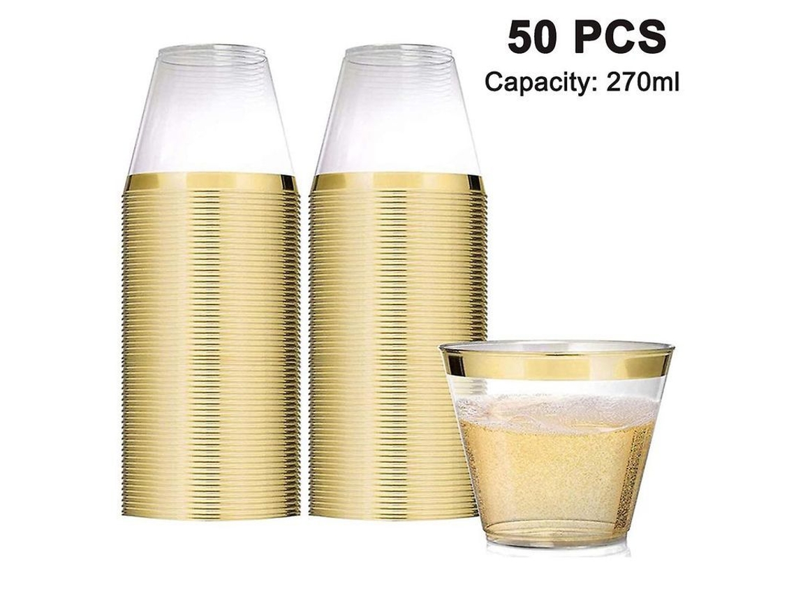 50 Vasos De Plástico Para Cóctel De 266 Ml (9 Oz), Transparentes Con Borde Dorado/oro Rosa/plateado.
