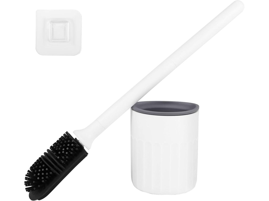 Cepillo de inodoro de silicona, para instalación en pared o encimera, con doble cabezal - Gokoco