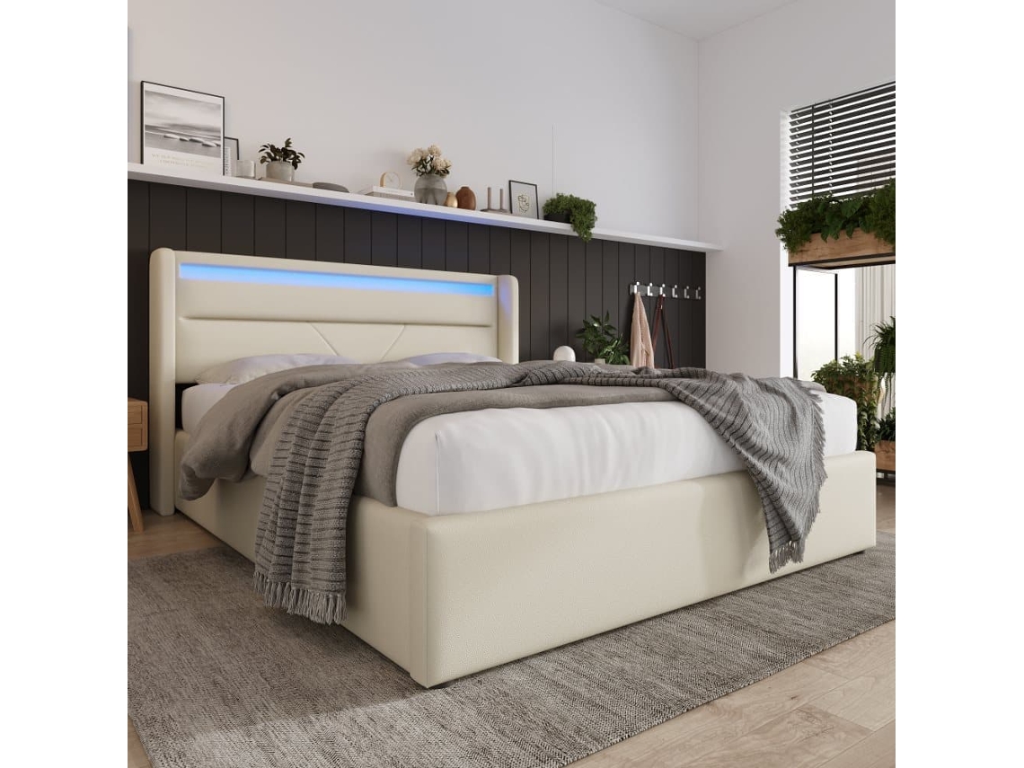 Cama Tapizada 160x200 - Con Led Y Almacenamiento - Blanco