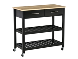 Carrito De Cocina Con Ruedas, 2 Estantes, 2 Cajones, Color Negro, Madera Natural.