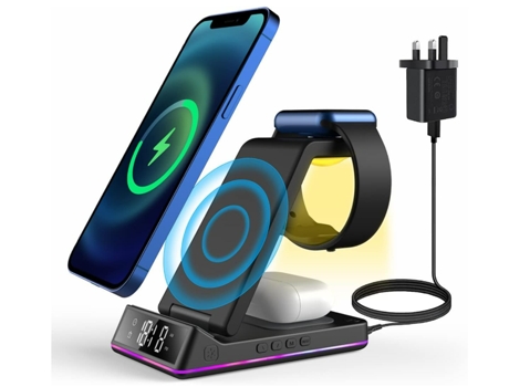 Estación de carga inalámbrica 5 en 1 compatible con iPhone 15 14 13 12 11 Pro Max/XS/XR/X/8/8/Samsung, iWatch 8/SE/7/6/5/4/3/2, Qi-Earphones (Negro)