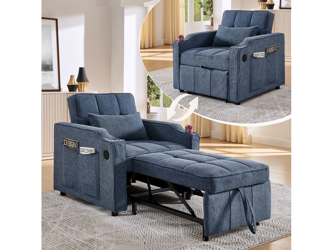 Sofá Cama 1 Plaza - Diseño Deslizante, Función De Carga Usb, Estilo Lujoso Y Elegante - Azul Marino