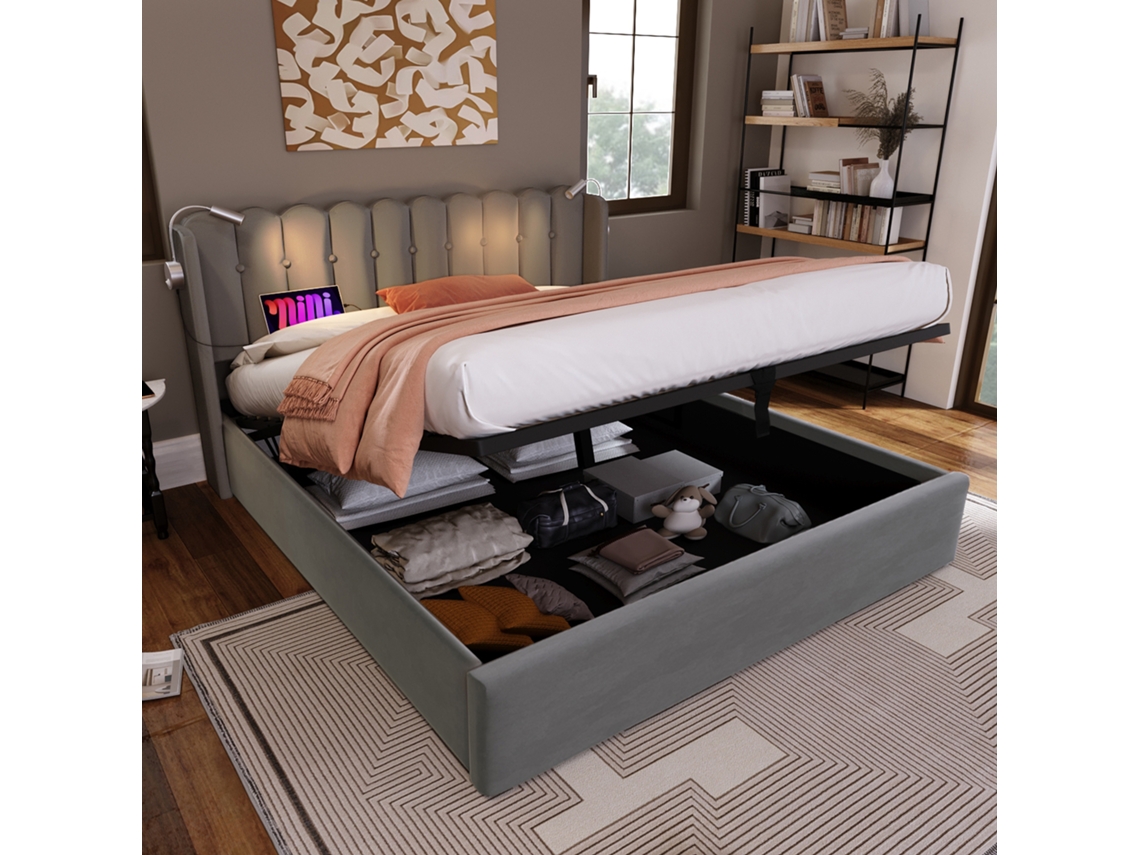 Cama Gris De 160x200 Mm Con Luz De Lectura Y Mesita De Noche Con Cargador.