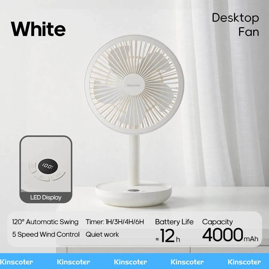 Ventilador De Escritorio Oscilante Inteligente (blanco), 4000 Mah, 5 Velocidades, Funcionamiento Silencioso.