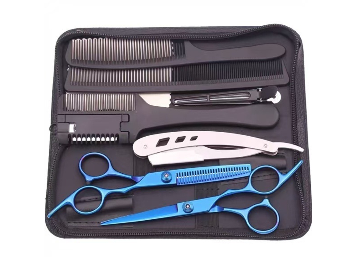Kit de 9 tijeras para cortar el cabello, para uso en salones de belleza y barberías - Digitallab Azul