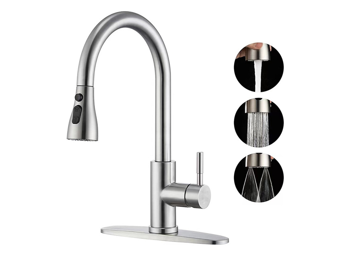 Grifo Eifson con rociador retráctil y base con 3 modos de rociado, para 1 o 3 orificios (cepillado)