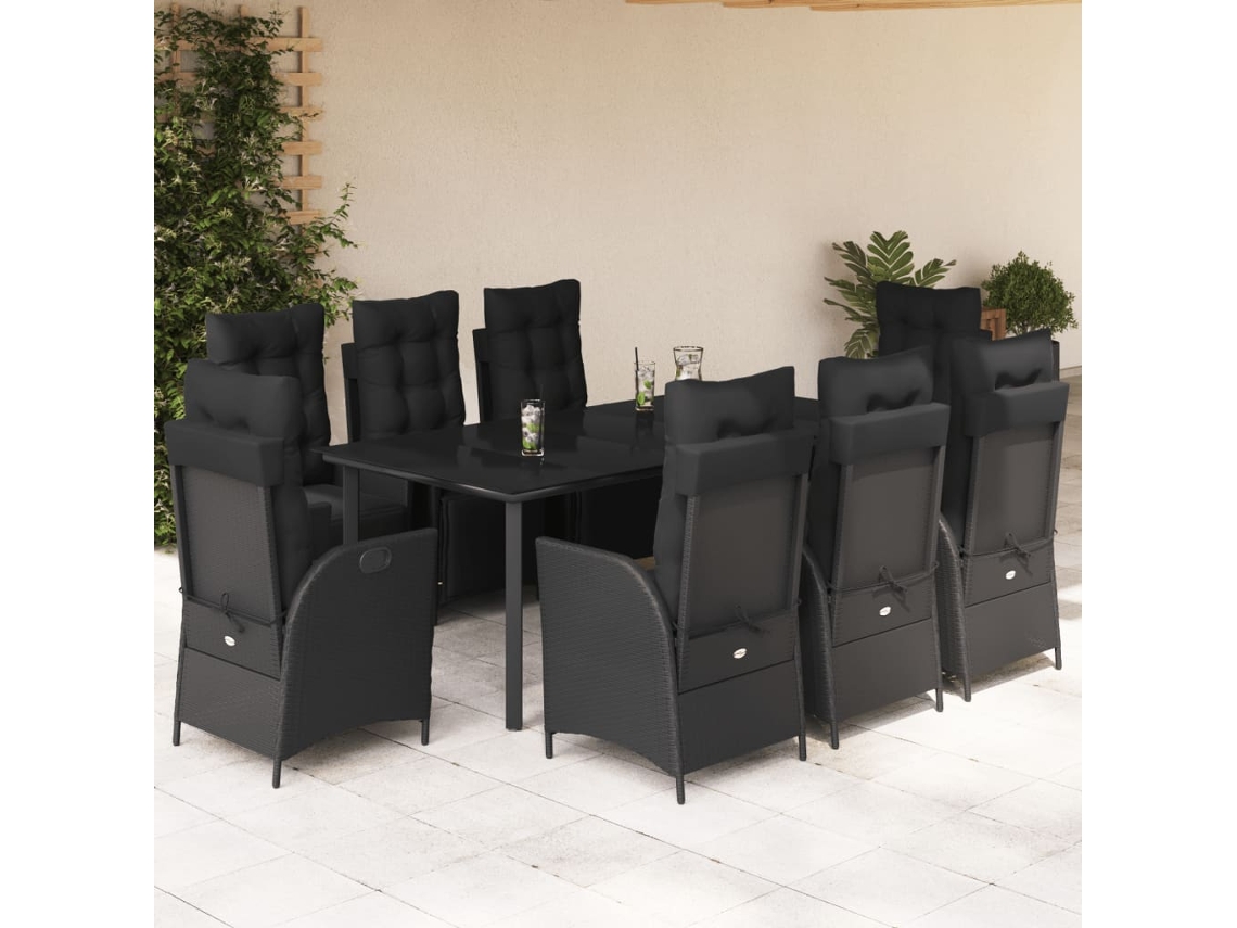 Juego de comedor de jardín de 9 piezas con cojines, mimbre sintético negro, DKD Home Decor