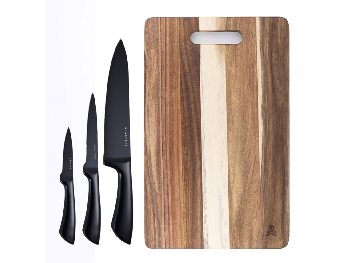 Juego de Tabla de corte 40x25cm madera 3 Cuchillos chuletero acero inox SCALPERS Home