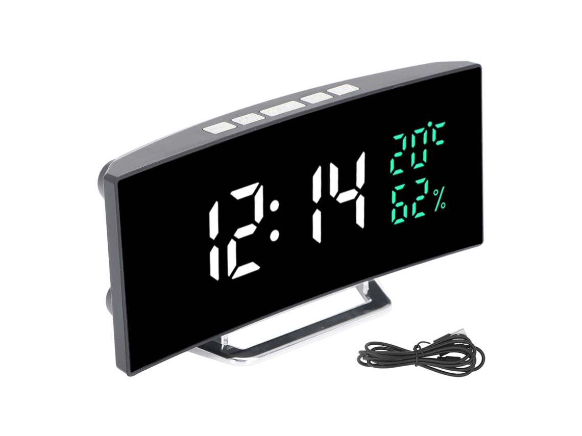 Reloj Despertador Led Espejo Pantalla Curva 12/24h Temperatura Humedad Modo Reposo