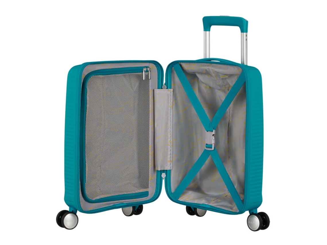 Maleta pequeña American Tourister de 47 cm y 4 ruedas Soundbox Mini, color azul petróleo