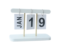 Calendario de hojas perpetuo, escritorio de madera, blanco