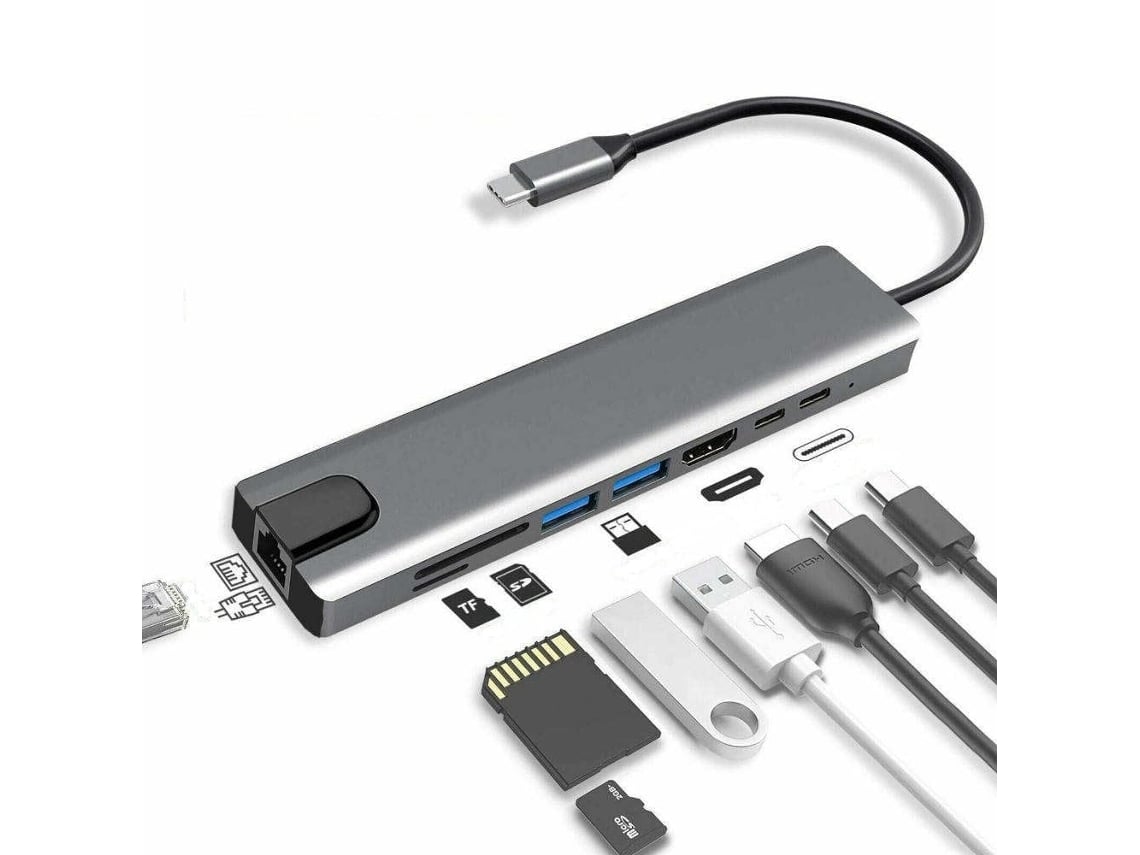 Adaptador USB-C 8 en 1 JYTGALX Connectivity Hub con HD RJ45 Gigabit Ethernet, lector de tarjetas y carga PD (gris) (sin dimensiones)