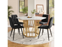 Mesa hexagonal de mármol con 4 sillas de terciopelo negro y dorado.