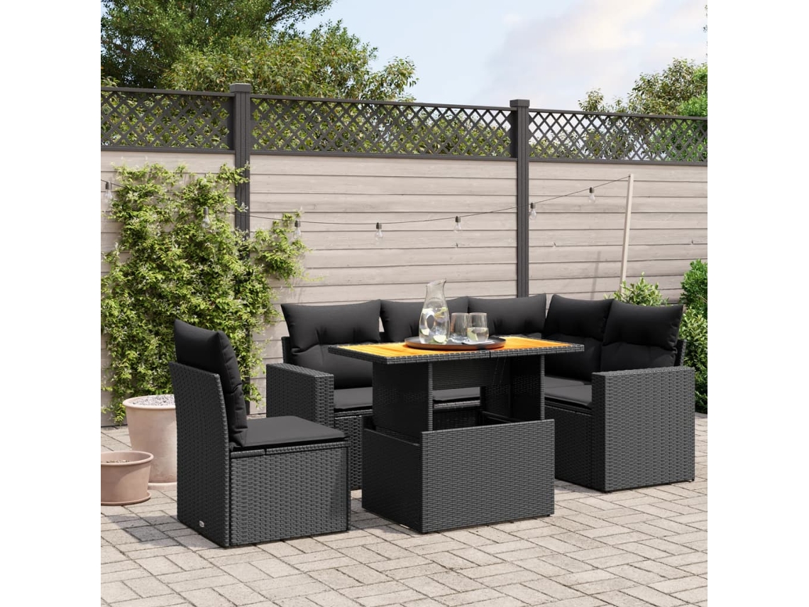 Conjunto de sofá de jardín de 6 piezas con cojines, mimbre sintético negro, DKD Home Decor