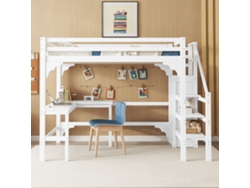Cama alta, 140*200cm, elegante escritorio en forma de L, madera de pino, armario abierto, estilo minimalista, color blanco.